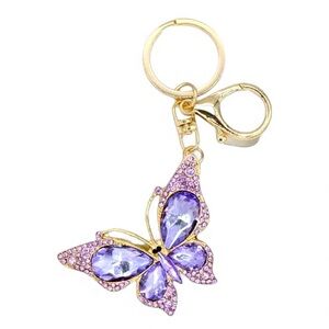PURPLE CRYSTAL RHINESTONE BUTTERFLY KEYCHAIN / DECORATIVE BAG CHARM IN GOLD